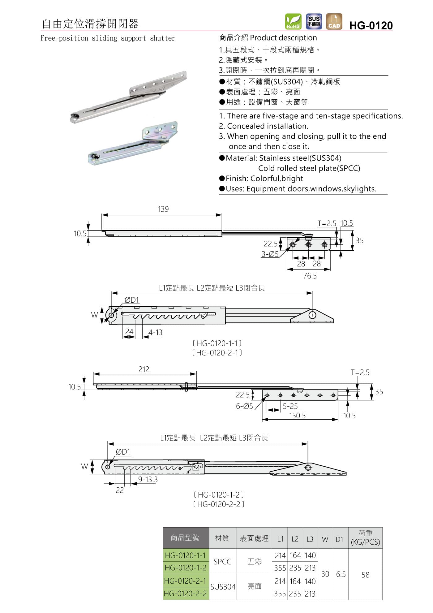 HG-0120 自由定位滑撐開閉器