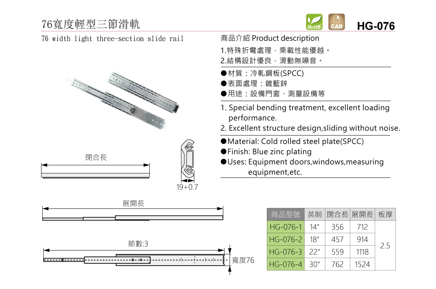 HG-076 76寬度輕型三節滑軌