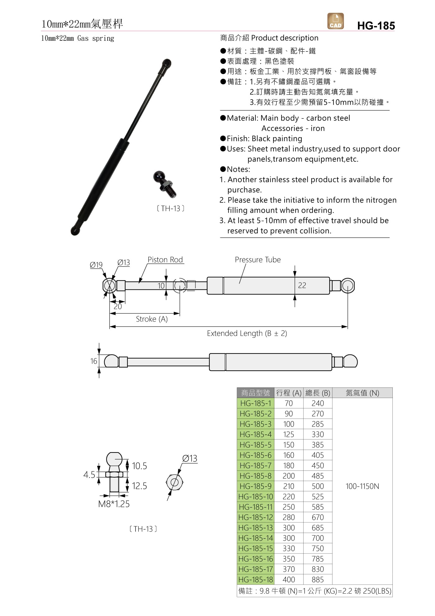 HG-185 10mm*22mm氣壓桿