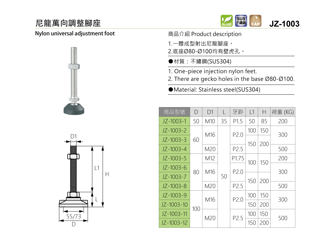 JZ-1003 尼龍萬向調整腳座