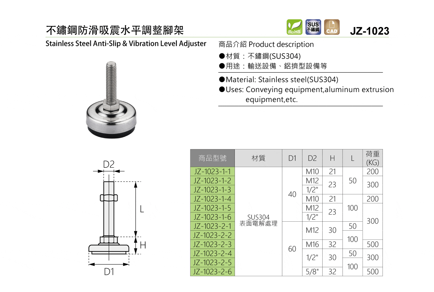 JZ-1023 不鏽鋼防滑吸震水平調整腳架