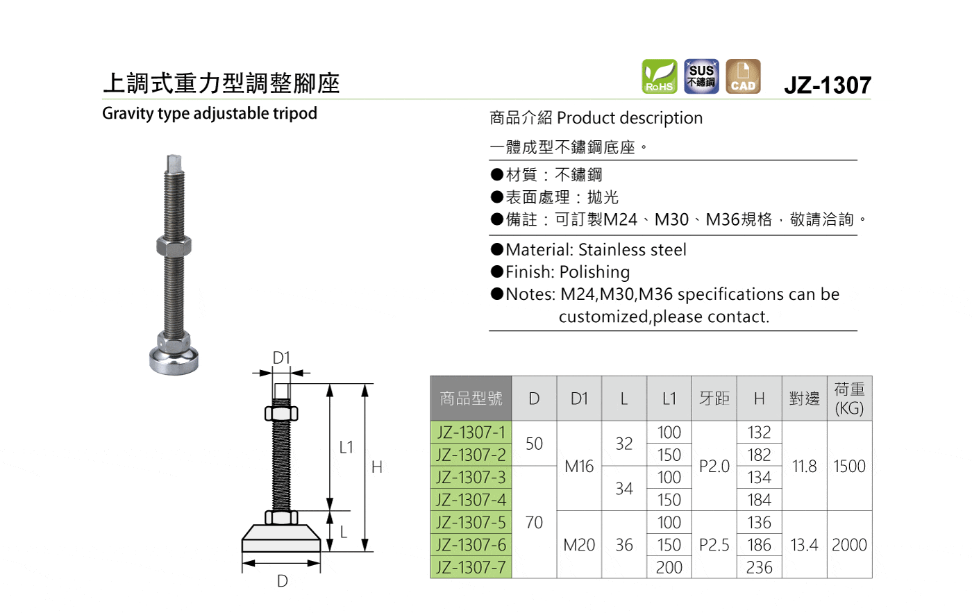 JZ-1307 上調式重力型調整腳座