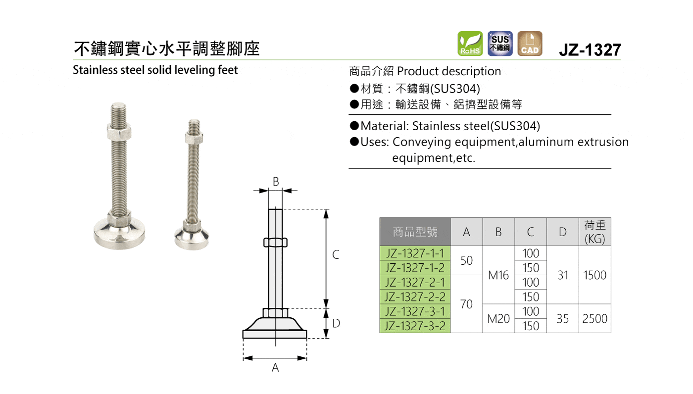 JZ-1327 不鏽鋼實心水平調整腳座