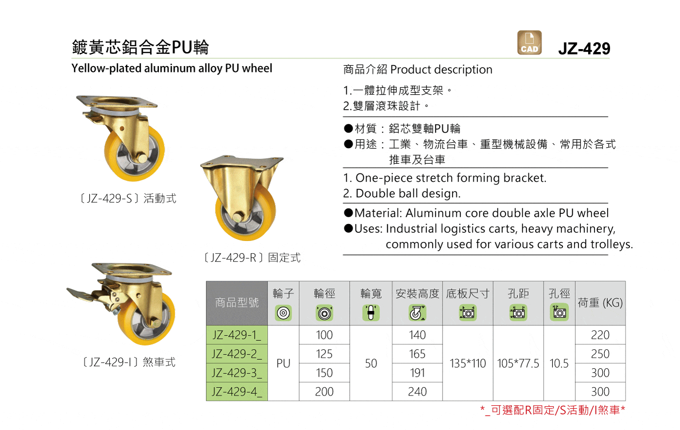 JZ-429 鍍黃芯鋁合金PU輪