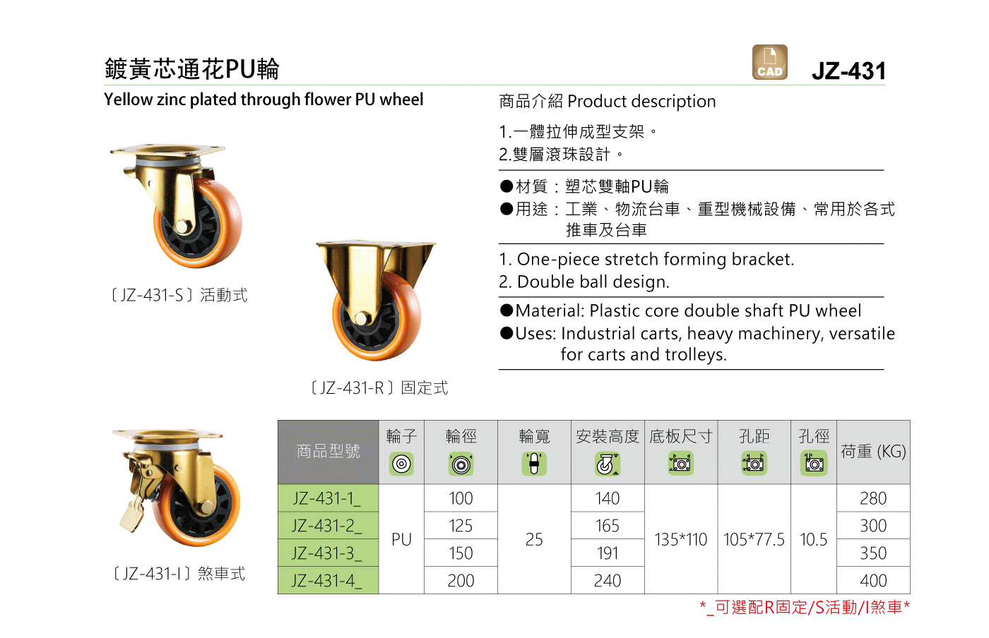 JZ-431 鍍黃芯通花PU輪