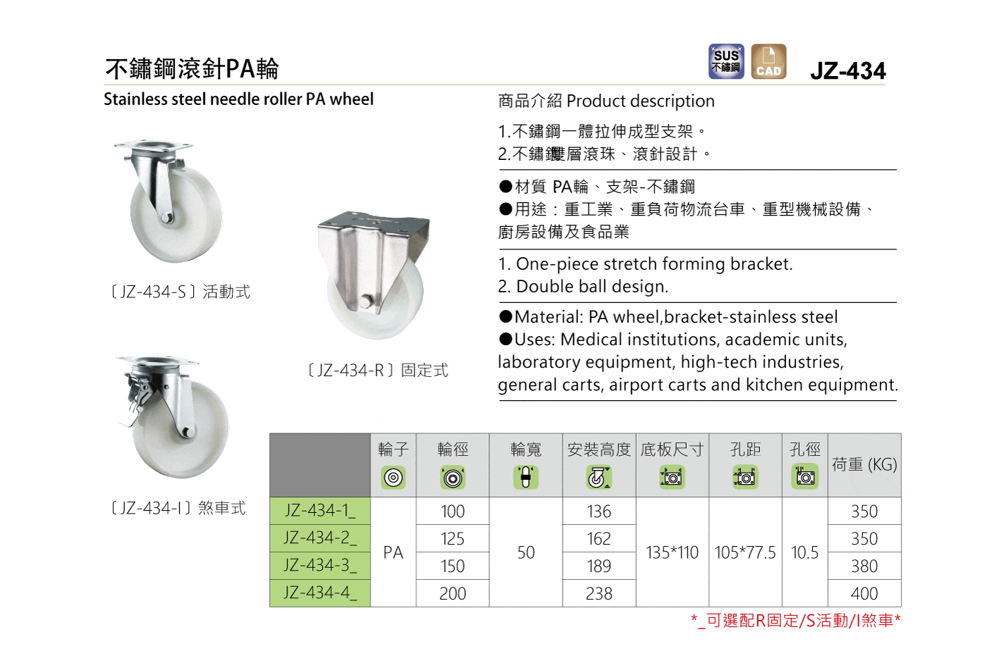 JZ-434 不鏽鋼滾針PA輪