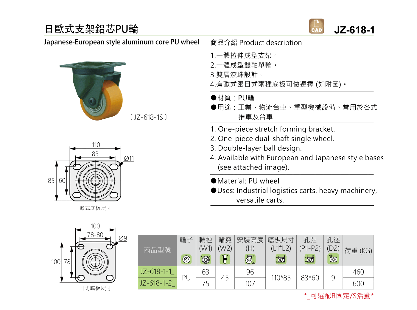 JZ-618-1 日歐式支架鋁芯PU輪