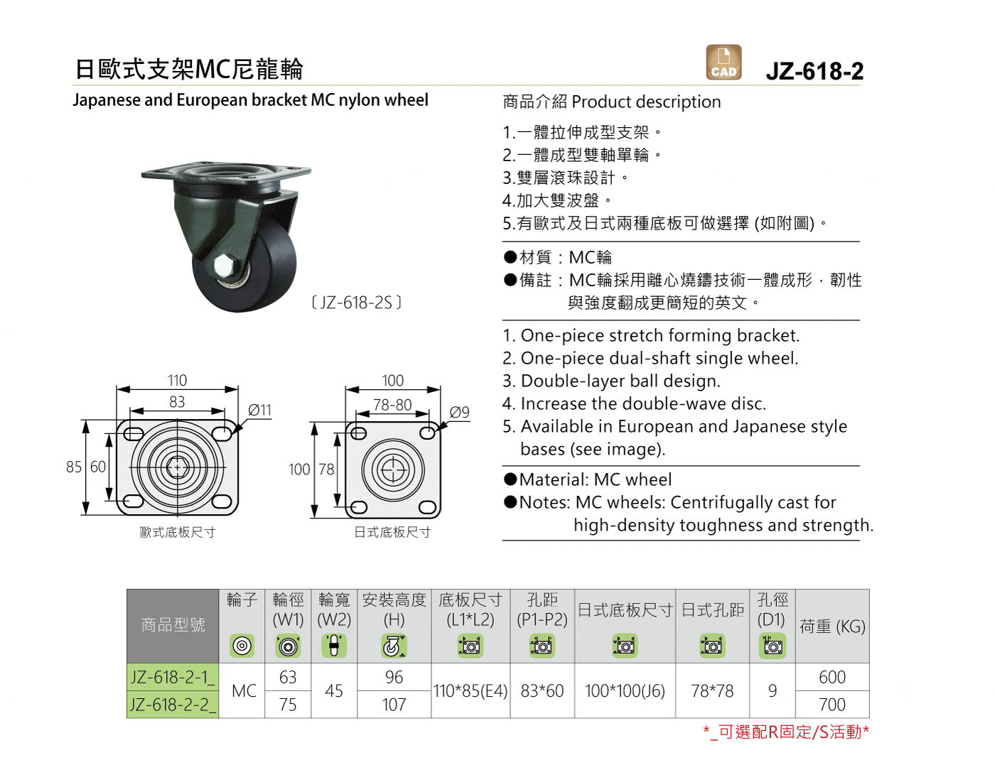 JZ-618-2 日歐式支架MC尼龍輪