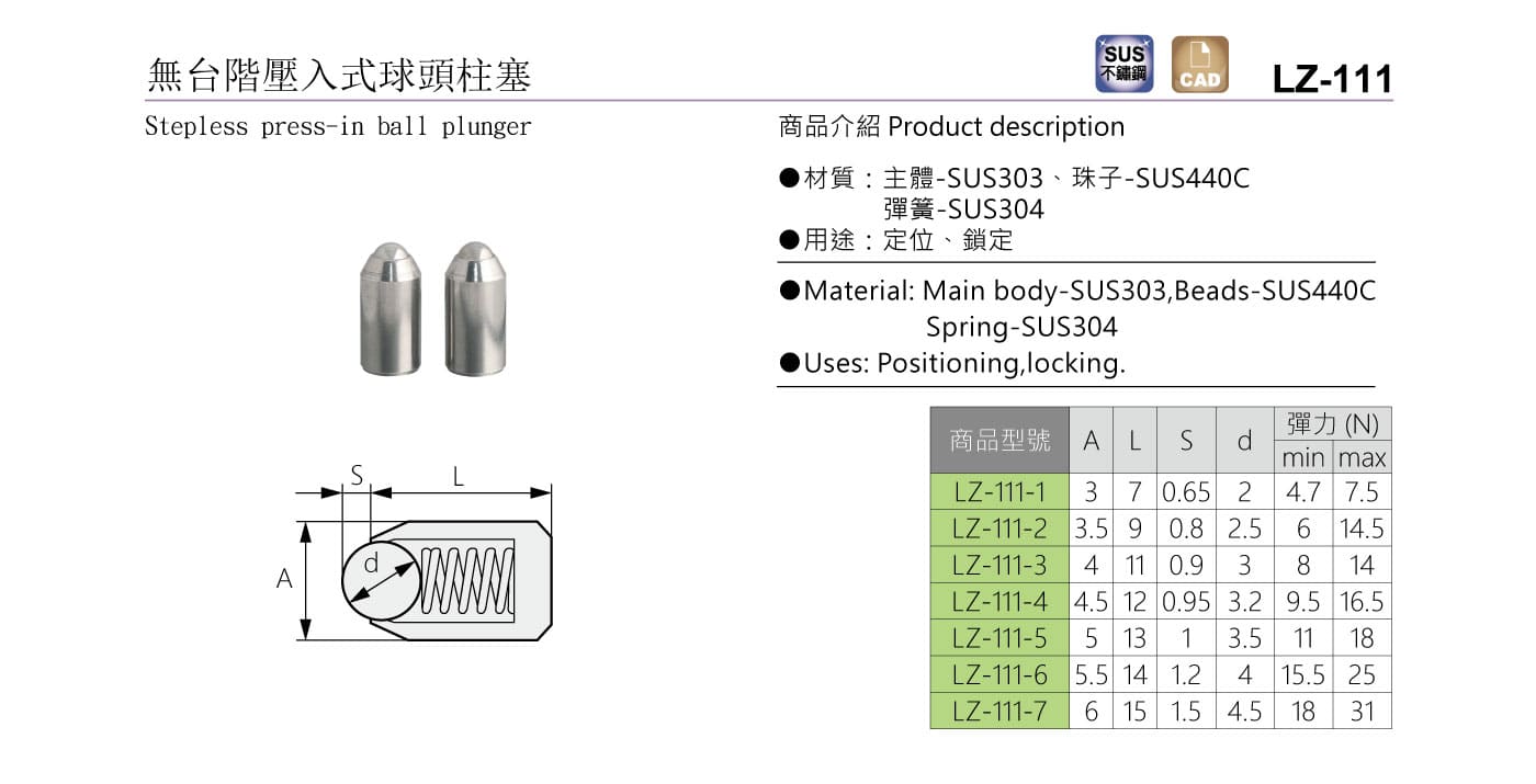 LZ-111 無台階壓入式球頭柱塞