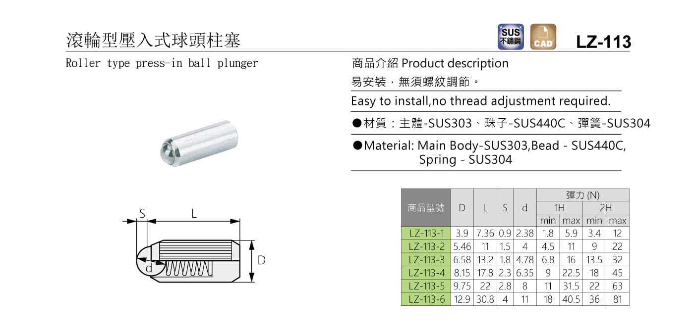 LZ-113 滾輪型壓入式球頭柱塞
