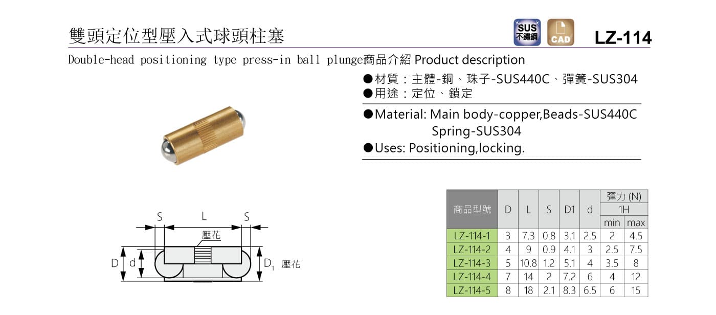 LZ-114 雙頭定位型壓入式球頭柱塞