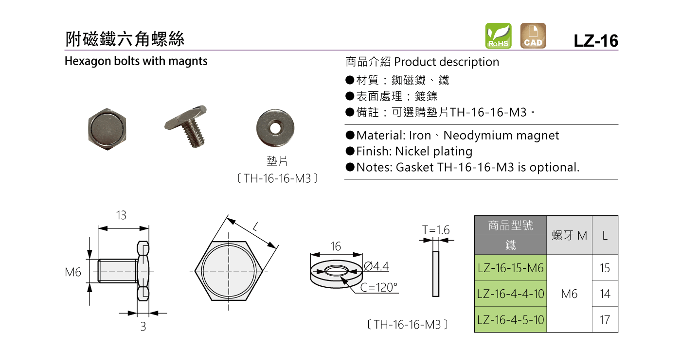 LZ-16 附磁鐵六角螺絲