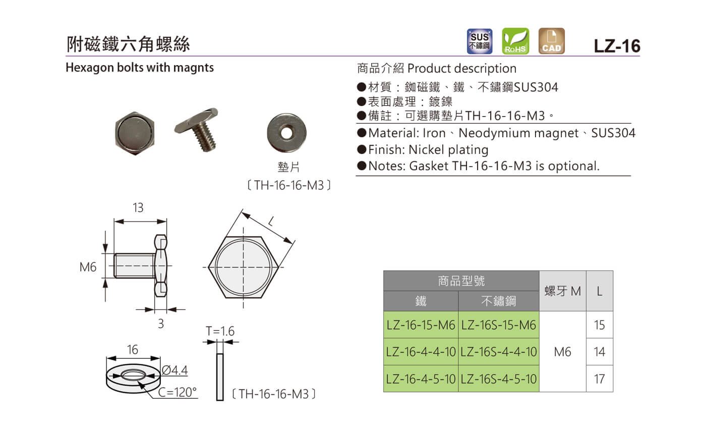 LZ-16 附磁鐵六角螺絲