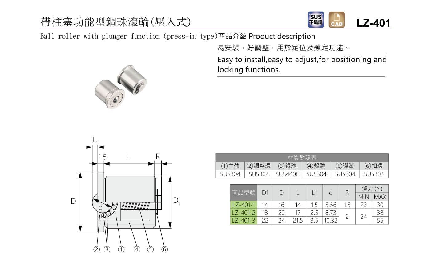 LZ-401 帶柱塞功能型鋼珠滾輪(壓入式)