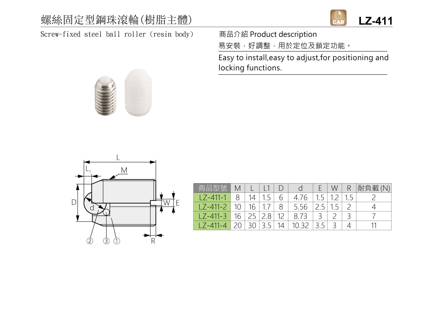 LZ-411 螺絲固定型鋼珠滾輪(樹脂主體)