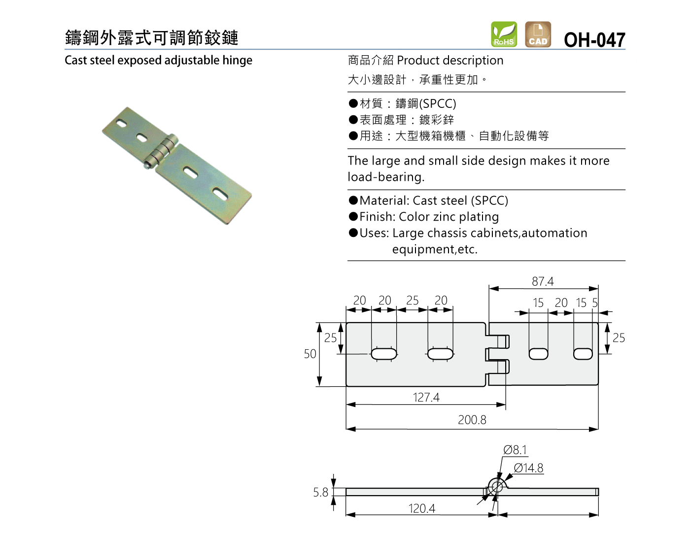 OH-047 鑄鋼外露式可調節鉸鏈