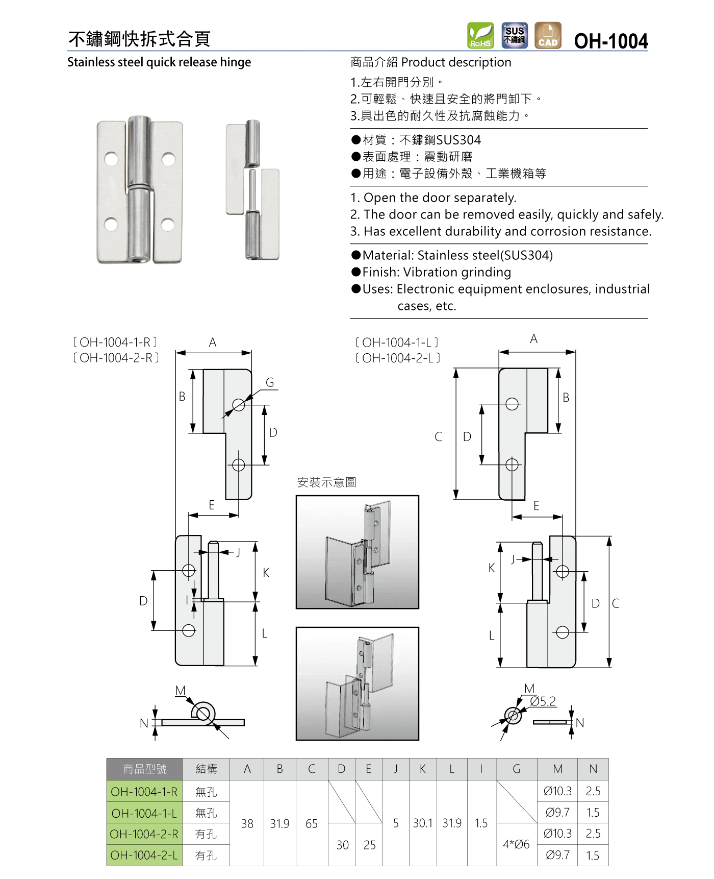 OH-1004 不鏽鋼快拆式合頁