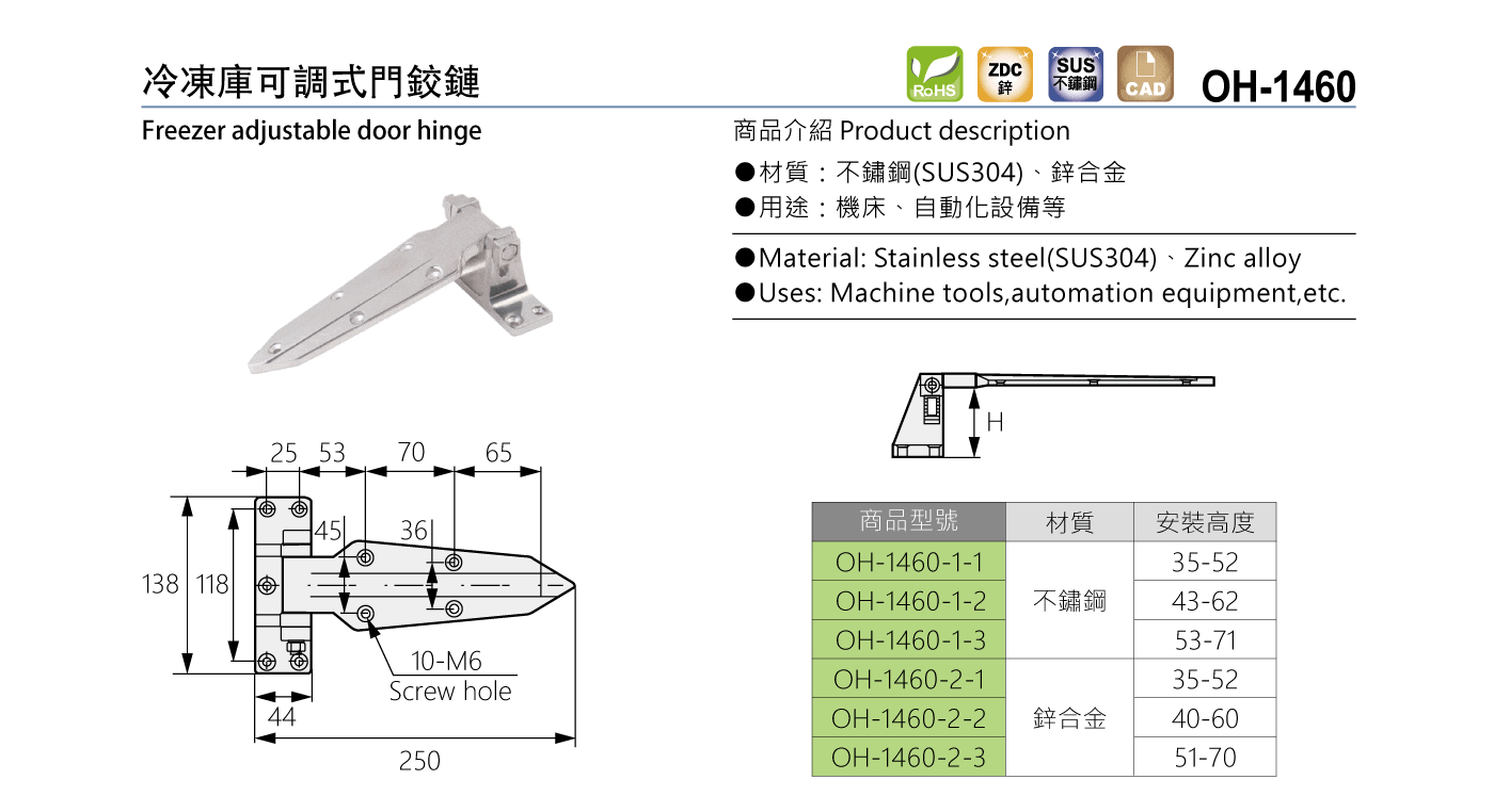 OH-1460 冷凍庫可調式門鉸鏈