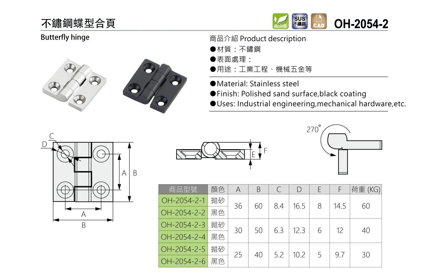 OH-2054-2 不鏽鋼蝶型合頁