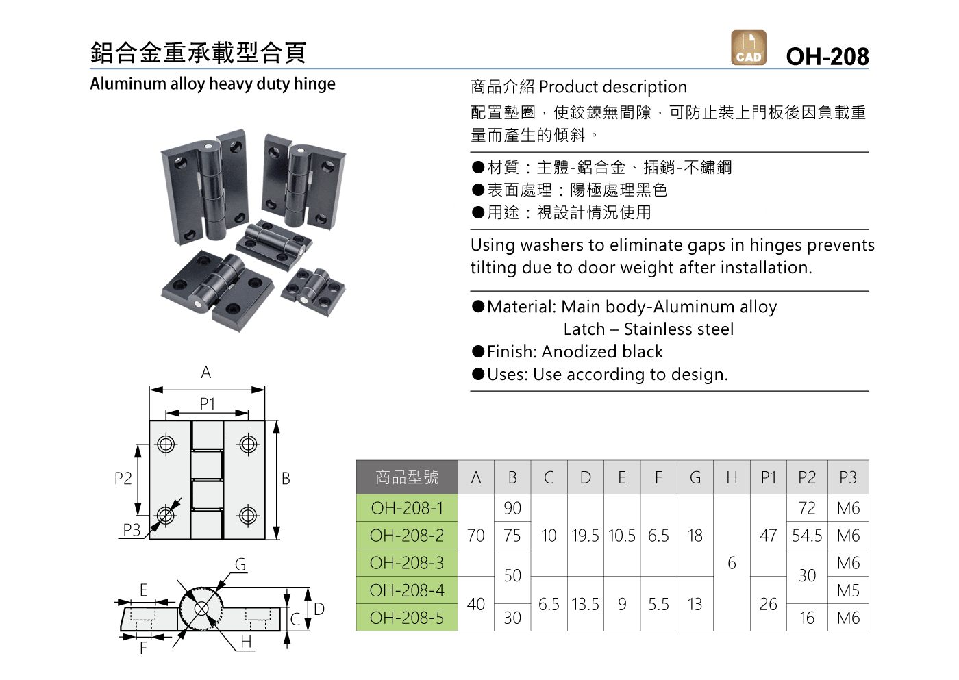 OH-208 鋁合金重承載型合頁