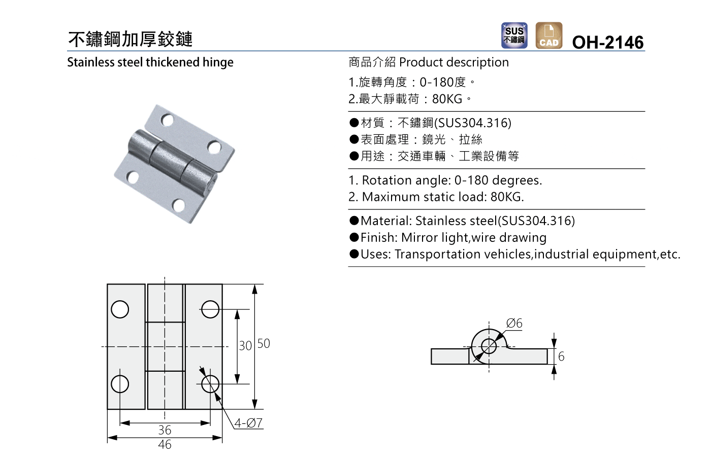 OH-2146 不鏽鋼加厚鉸鏈