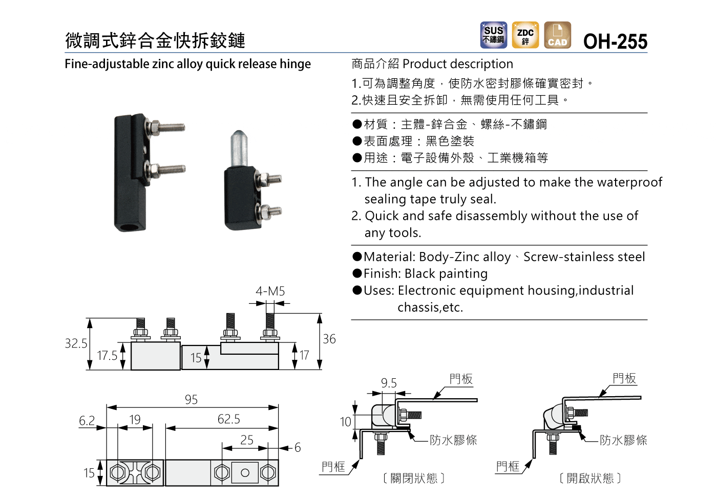 OH-255 微調式鋅合金快拆鉸鏈