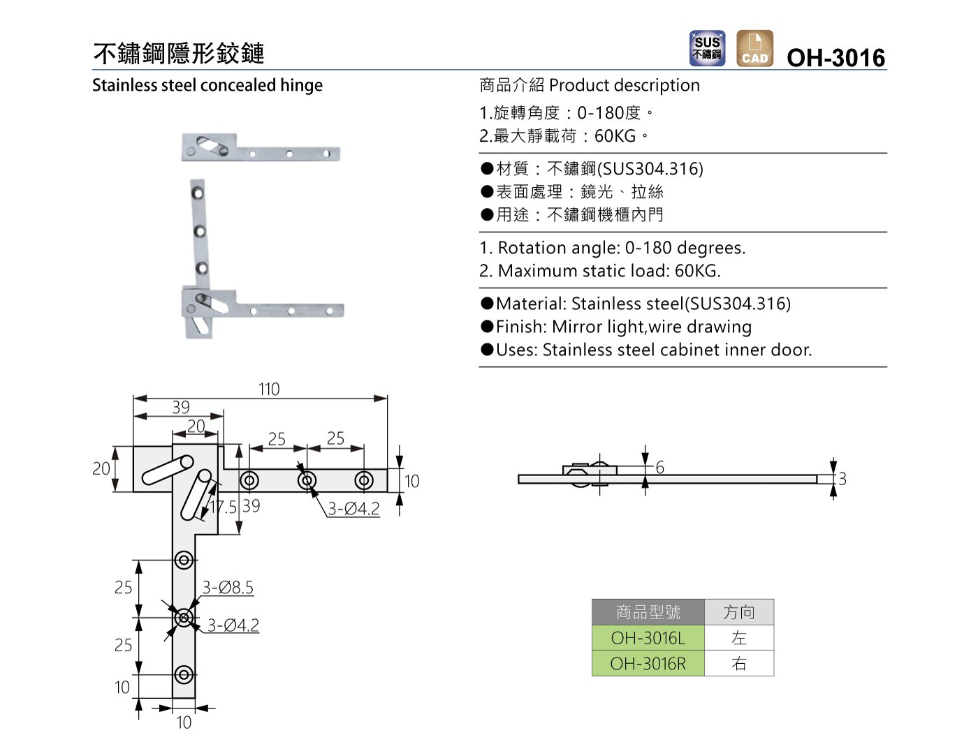 OH-3016 不鏽鋼隱形鉸鏈