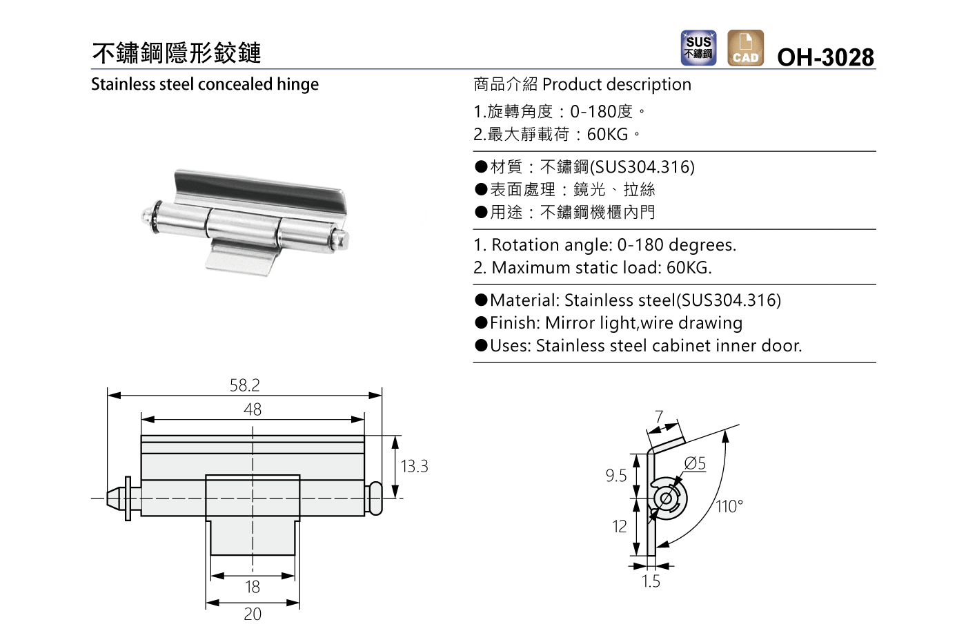 OH-3028 不鏽鋼隱形鉸鏈