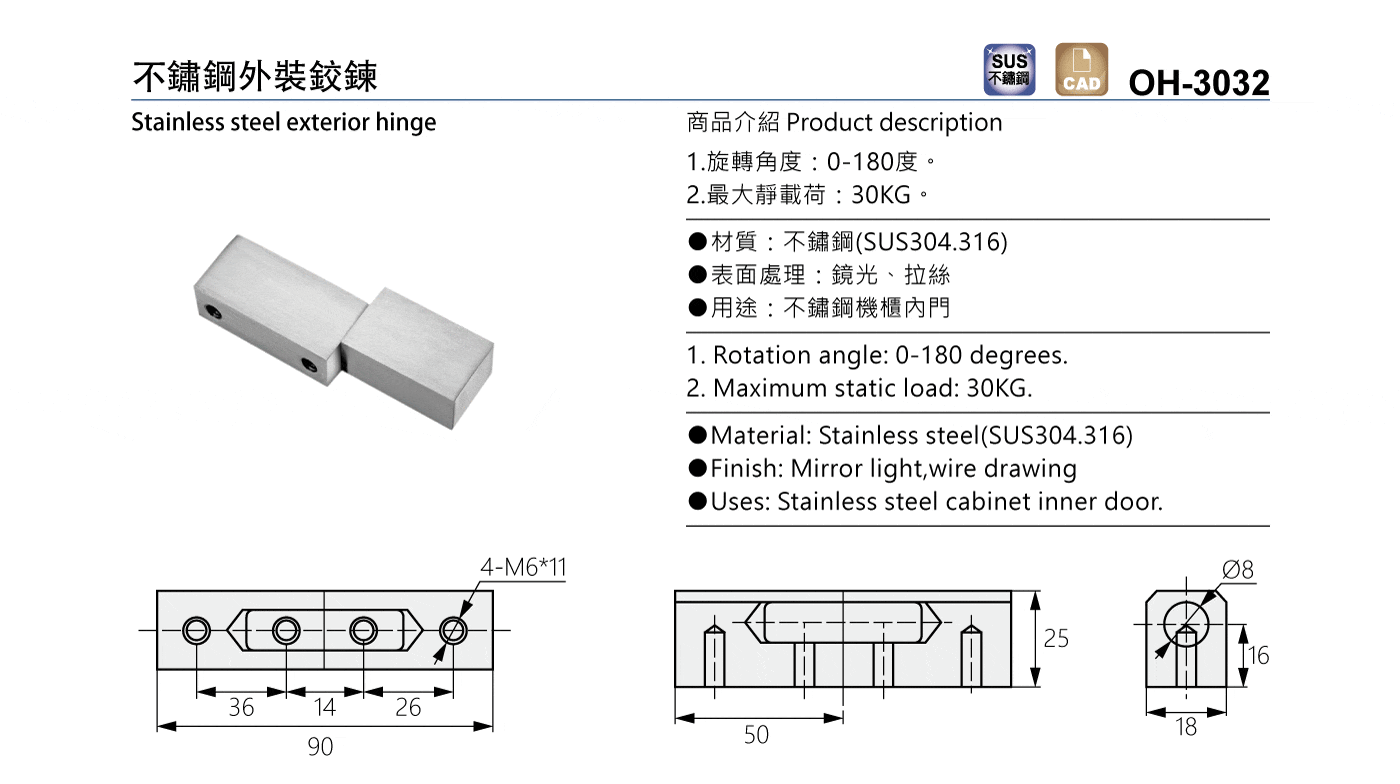 OH-3032 不鏽鋼外裝鉸鍊