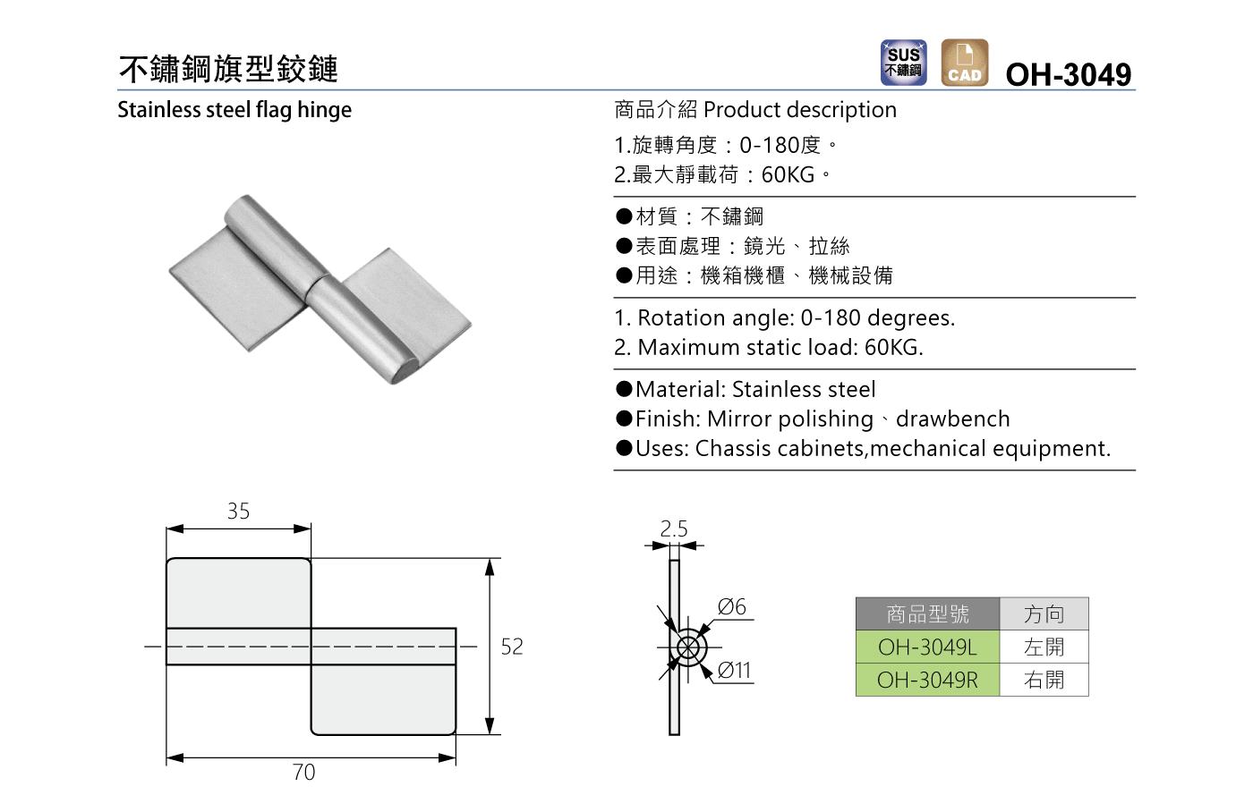 OH-3049 不鏽鋼旗型鉸鏈