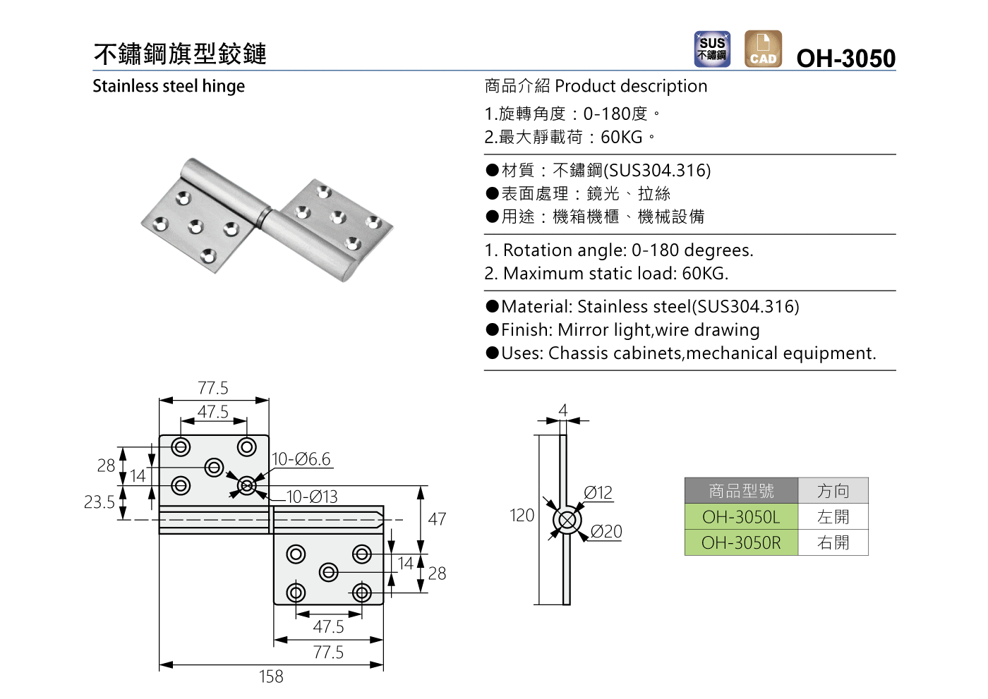 OH-3050 不鏽鋼旗型鉸鏈