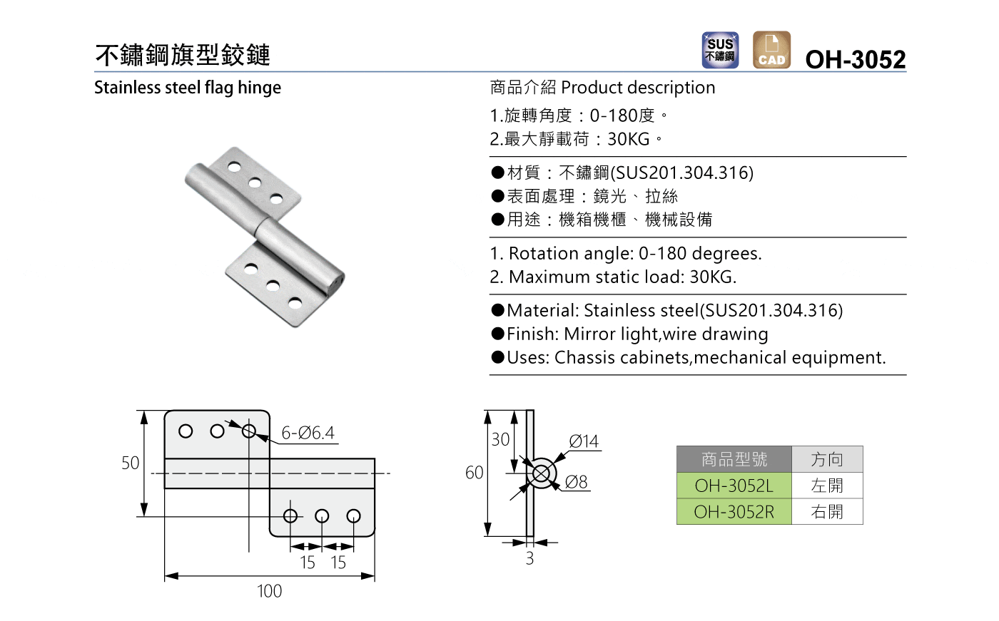 OH-3052 不鏽鋼旗型鉸鏈