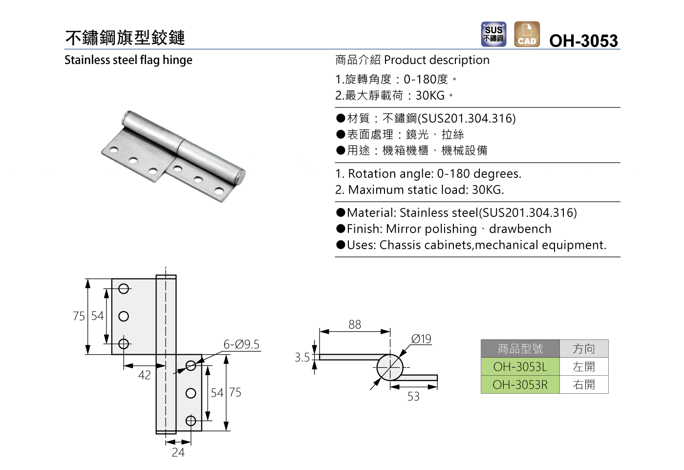 OH-3053 不鏽鋼旗型鉸鏈