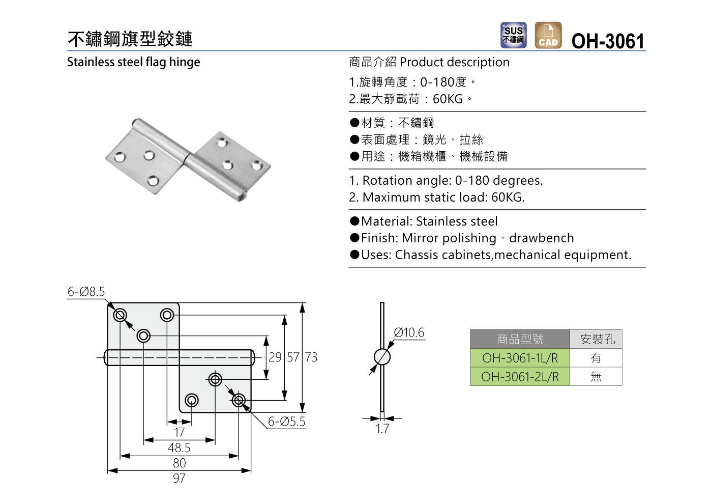 OH-3061 不鏽鋼旗型鉸鏈