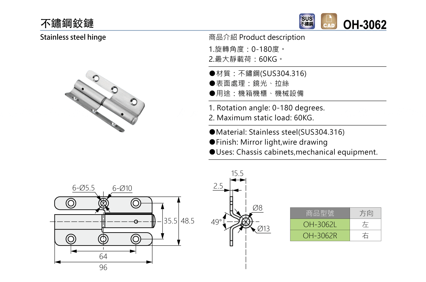 OH-3062 不鏽鋼鉸鏈