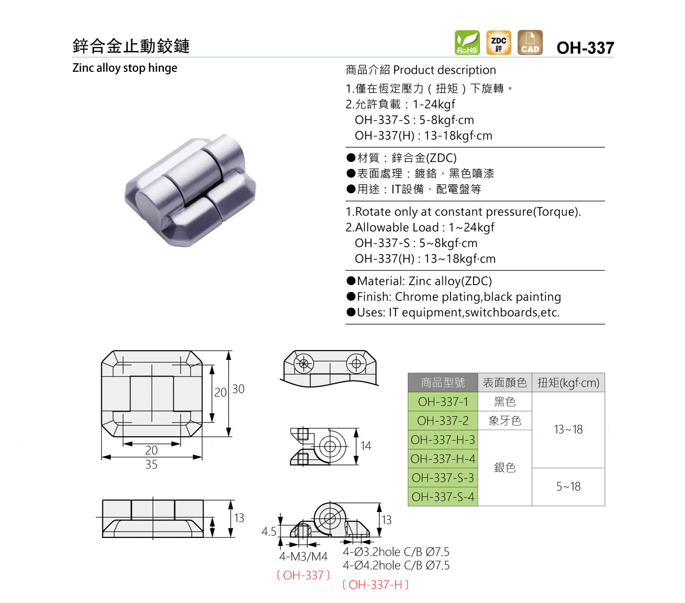 OH-337 鋅合金止動鉸鏈