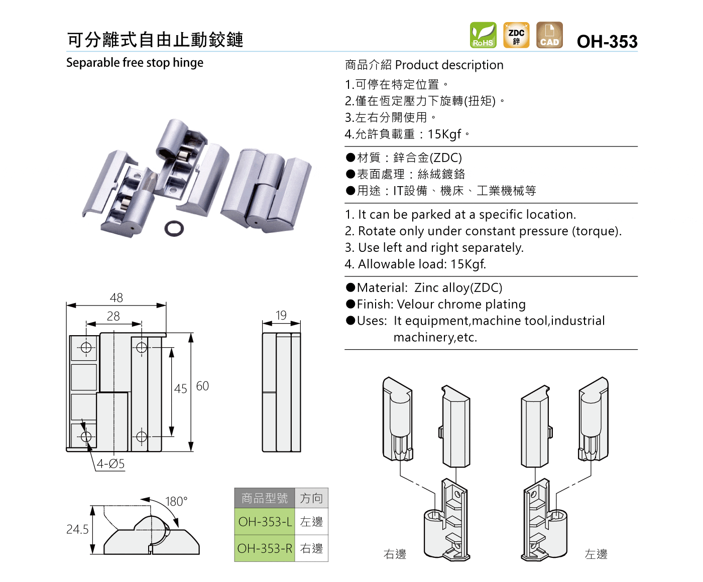 OH-353 可分離式自由止動鉸鏈