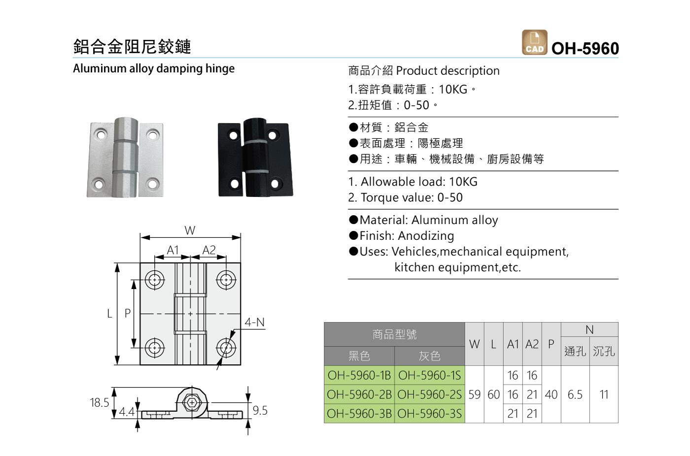 OH-5960 鋁合金阻尼鉸鏈