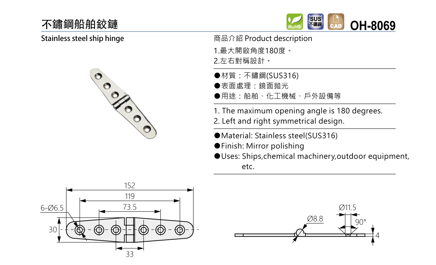 OH-8069 不鏽鋼船舶鉸鏈