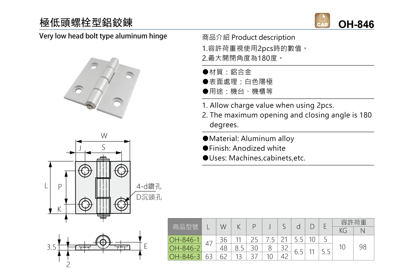 OH-846 極低頭螺栓型鋁鉸鍊