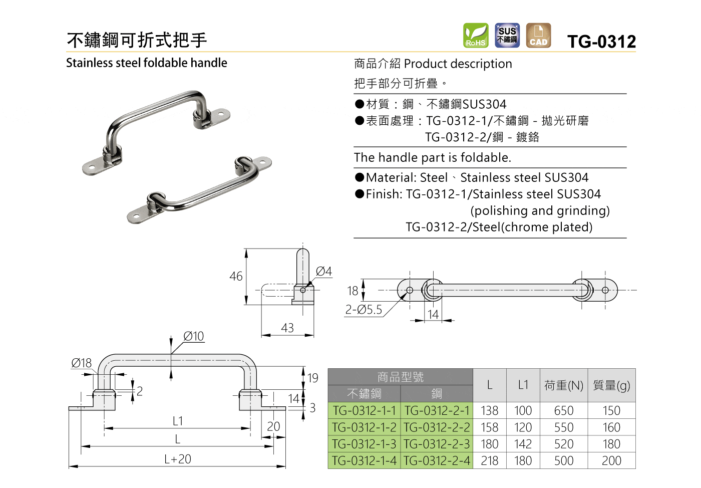 TG-0312 不鏽鋼可折式把手