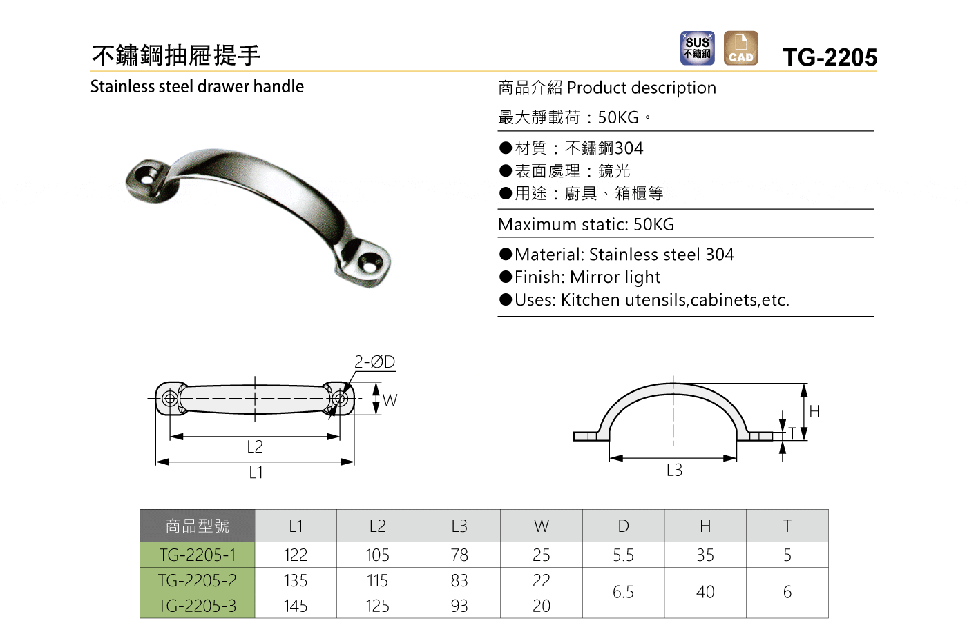 TG-2205 不鏽鋼抽屜提手