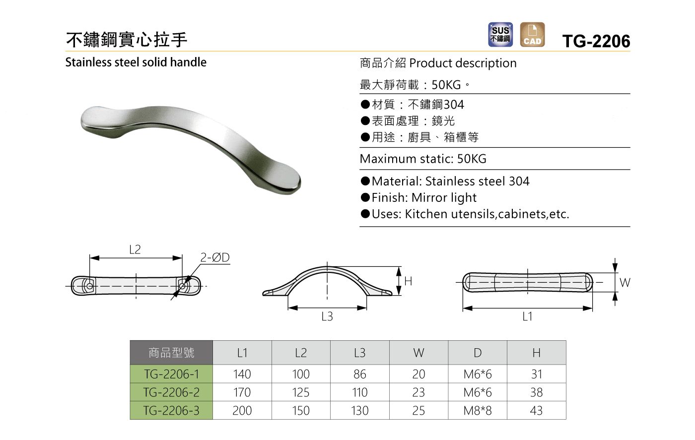 TG-2206 不鏽鋼實心拉手