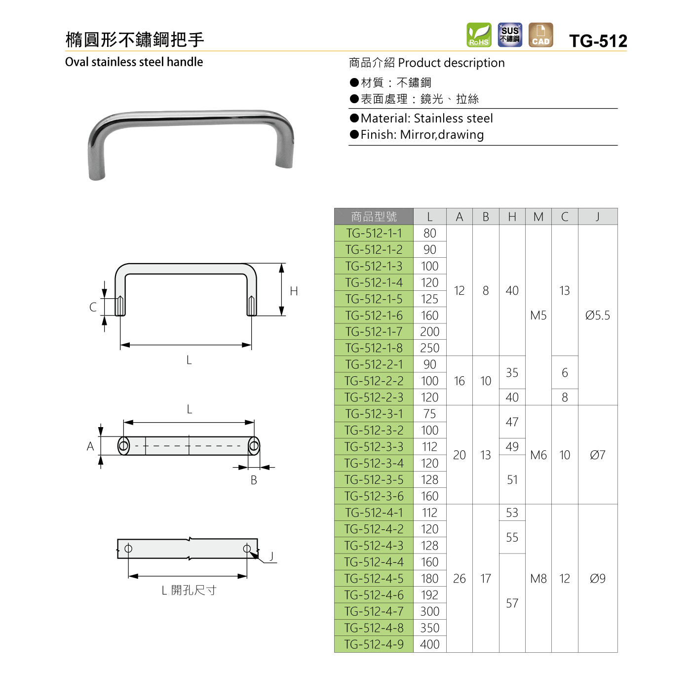 TG-512 橢圓形不鏽鋼把手