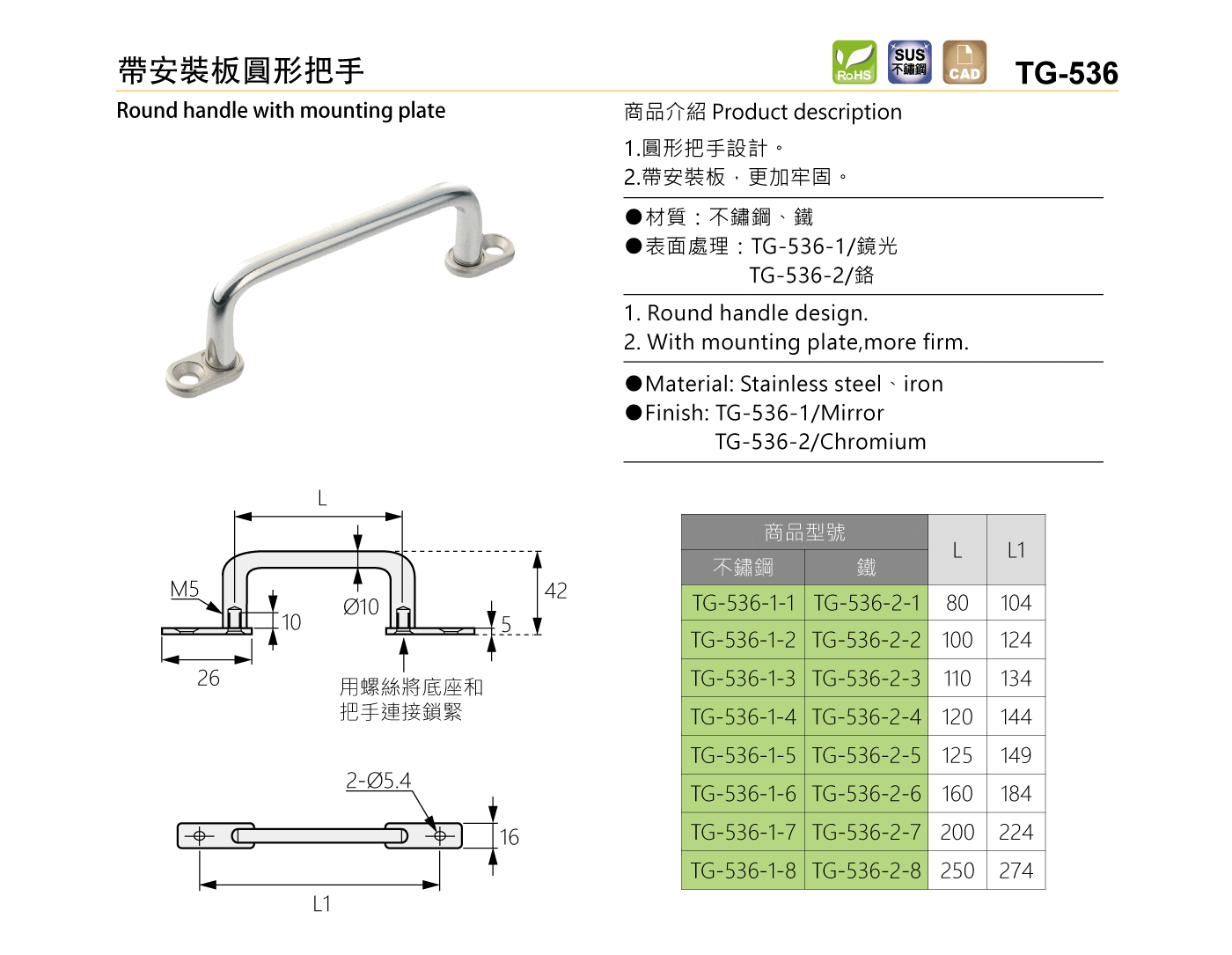 TG-536 帶安裝板圓形把手