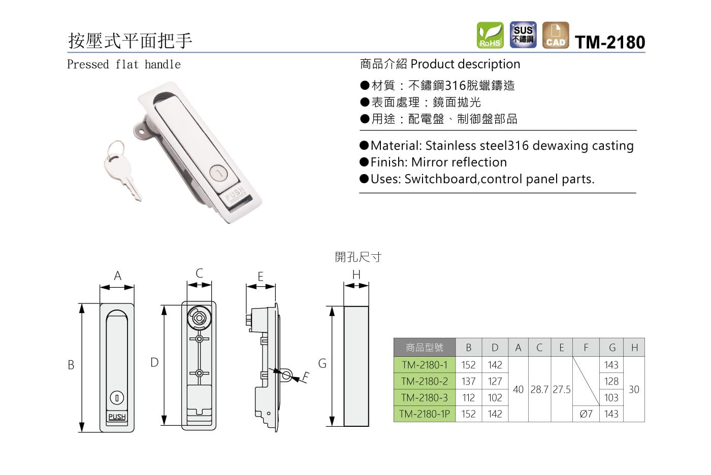 TM-2180 按壓式平面把手