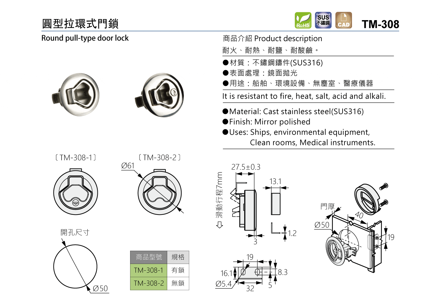 TM-308 圓型拉環式門鎖