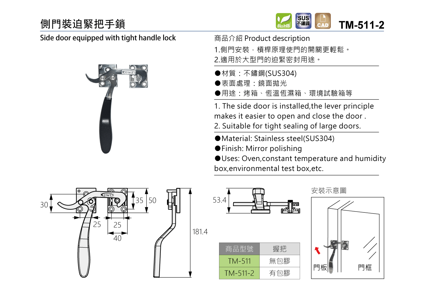 TM-511-2 側門裝迫緊把手鎖