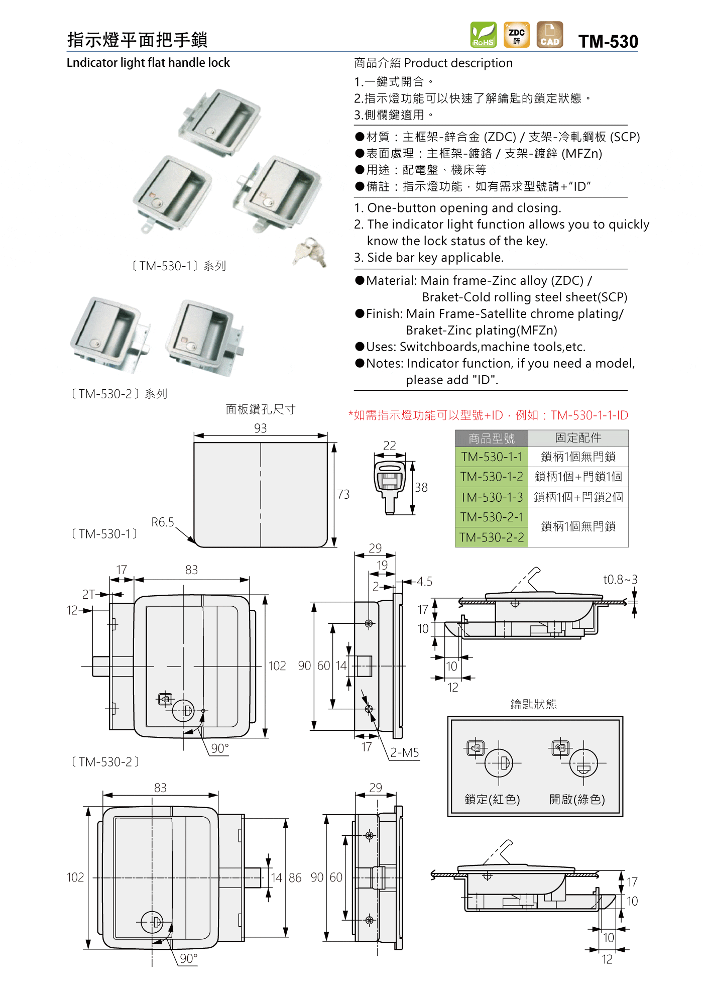 TM-530 指示燈平面把手鎖