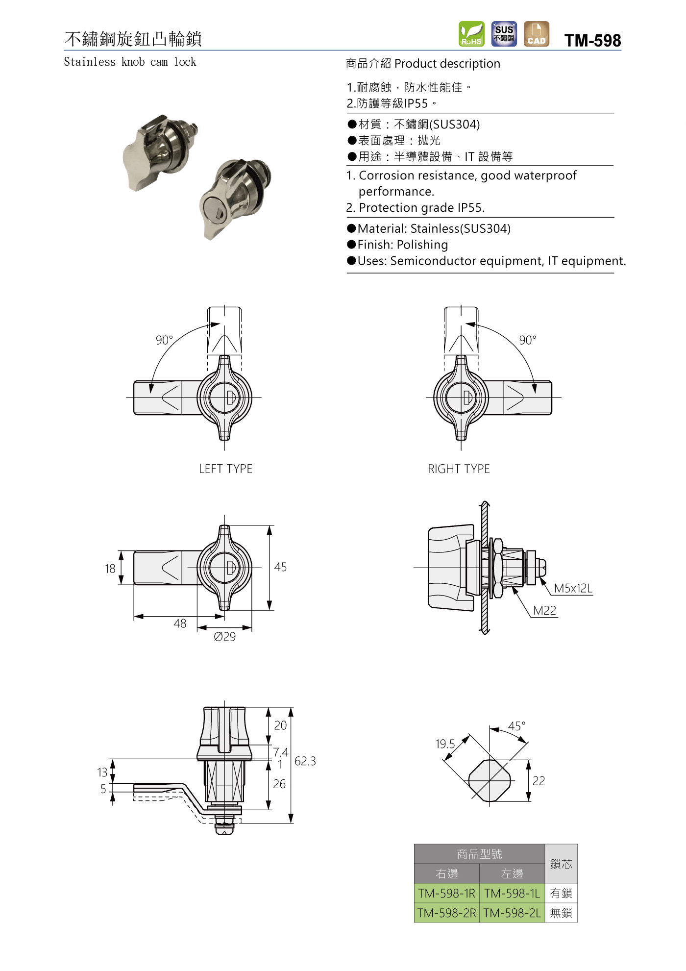 TM-598 不鏽鋼旋鈕凸輪鎖